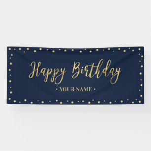 Gold & Navy Blue Happy Birthday Party Banner