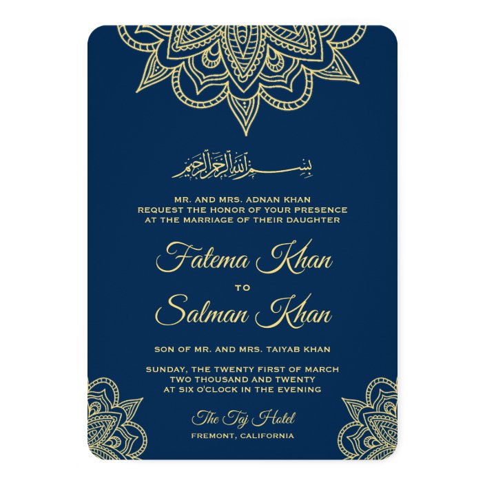 Gold Navy Blue Henna Mehndi Islamic Wedding Invitation Zazzle Com