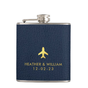 Gold Navy Blue Leather Destination Wedding Favors  Flask
