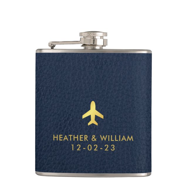 Gold Navy Blue Leather Destination Wedding Favors  Flask (Front)