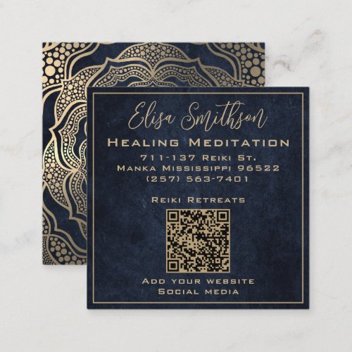  Gold  Navy Blue Mandala Reiki Healing Meditation Square Business Card