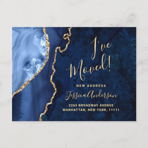 Gold Navy Blue Marble Agate Moving Announcement Postcard