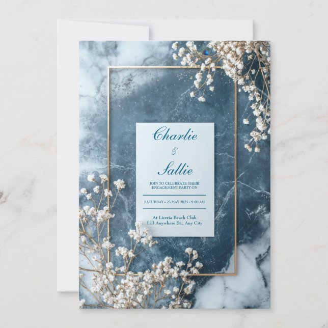 Gold Navy Blue Marble Baby's Breath Wedding Invitation (Front)