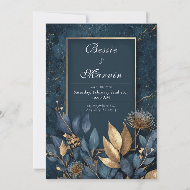 Gold Navy Blue Marble Botanical Winter Wedding Invitation (Front)