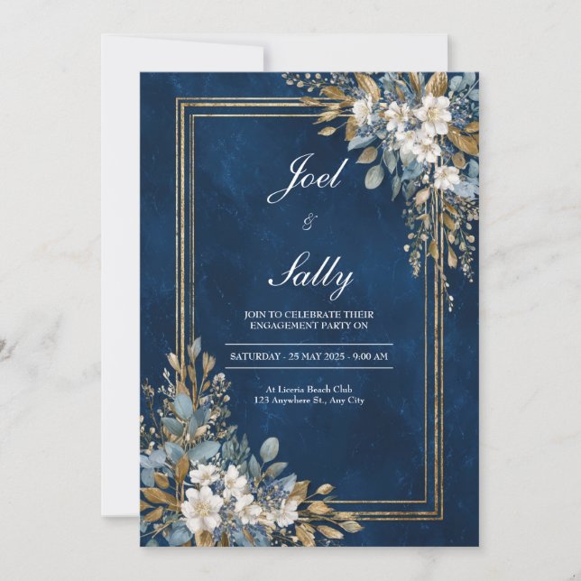Gold Navy Blue Marble Floral Winter Wedding Invitation (Front)