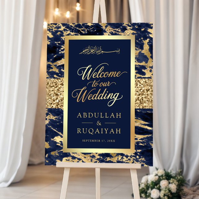 Gold Navy Blue Marble Muslim Wedding Welcome Sign (Creator Uploaded)