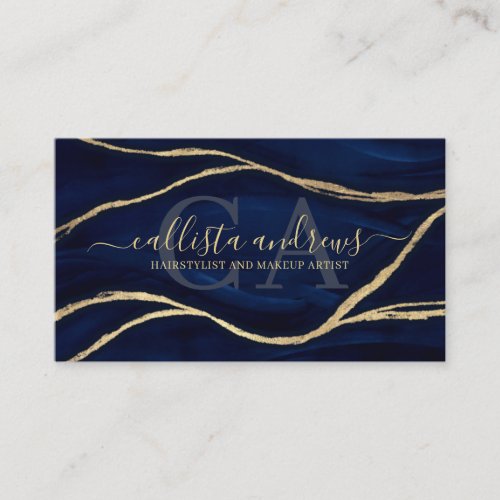 Gold Navy Blue Marble Signature Script Makeup Hair Business Card