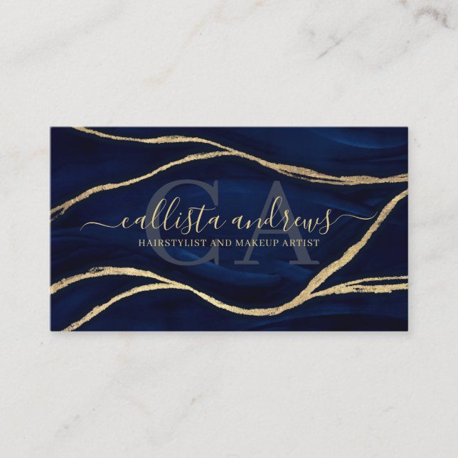 Gold Navy Blue Marble Signature Script Makeup Hair Business Card (Front)