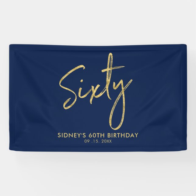 Gold Navy Blue Modern 60th Birthday Party Banner (Horizontal)