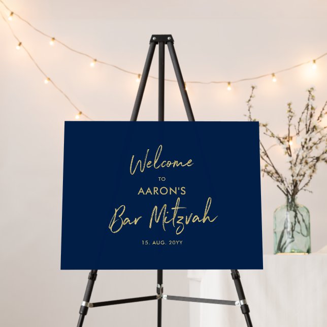 Gold & Navy Blue Modern Bar Mitzvah Welcome Sign (In Situ (Stand))
