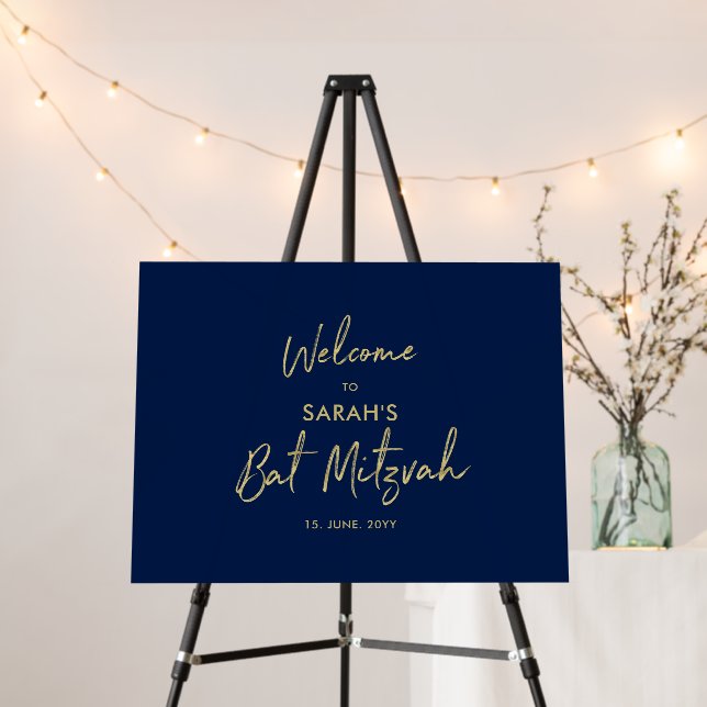 Gold & Navy Blue Modern Bat Mitzvah Welcome Sign (In Situ (Stand))