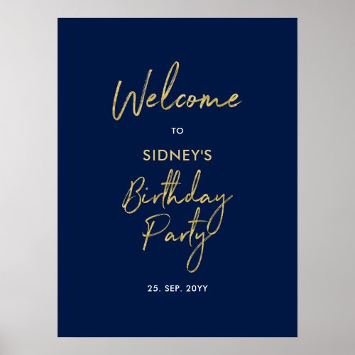 Gold  Navy Blue Modern Birthday Party Welcome Poster