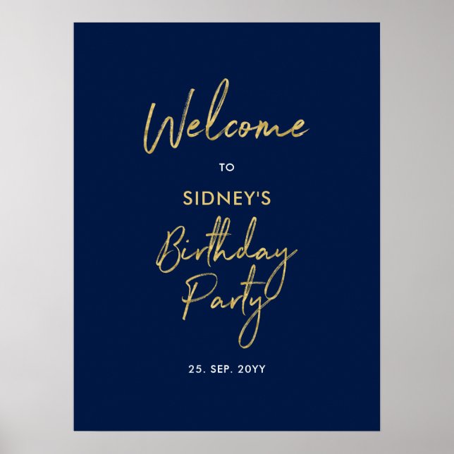Gold & Navy Blue Modern Birthday Party Welcome Poster (Front)