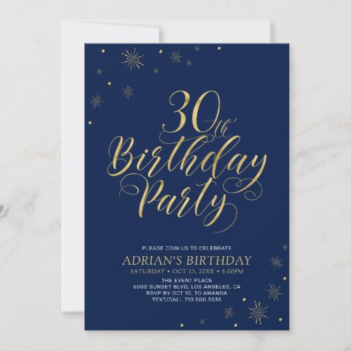 Gold  Navy Blue  Modern Chic 30th Birthday Party Invitation