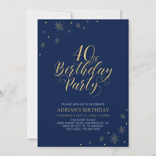 Gold & Navy Blue | Modern Chic 40th Birthday Party Invitation (Front)