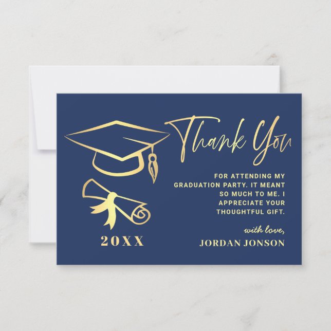 Gold Navy Blue Modern Graduation Party Thank You Card (Front)