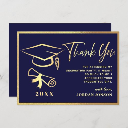 Gold Navy Blue Modern Graduation Party Thank You Card - Gold Black Modern Graduation Thank You Card.
For further customization, please click the "Customize" link and use our  tool to design this template. 
If you need help or matching items, please contact me.