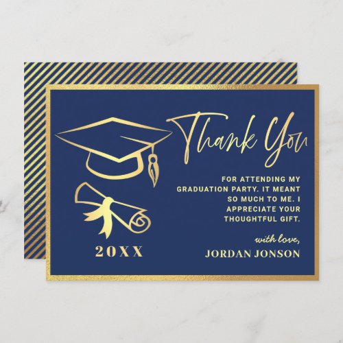Gold Navy Blue Modern Graduation Party Thank You Card - Gold Black Modern Graduation Thank You Card.
For further customization, please click the "Customize" link and use our  tool to design this template. 
If you need help or matching items, please contact me.