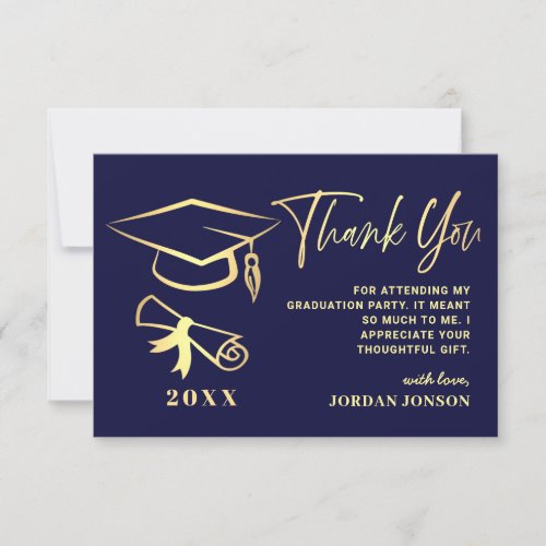 Gold Navy Blue Modern Graduation Party Thank You Card