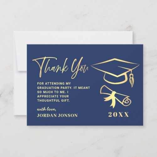 Gold Navy Blue Modern Graduation Party Thank You Card