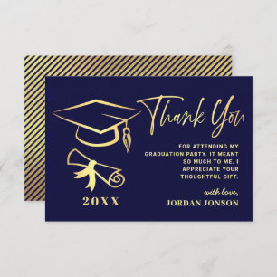 Gold Navy Blue Modern Graduation Party Thank You Card