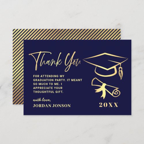 Gold Navy Blue Modern Graduation Party Thank You Card