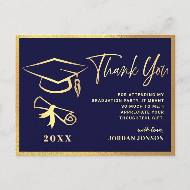 Gold Navy Blue Modern Graduation Party Thank You Postcard (Front)