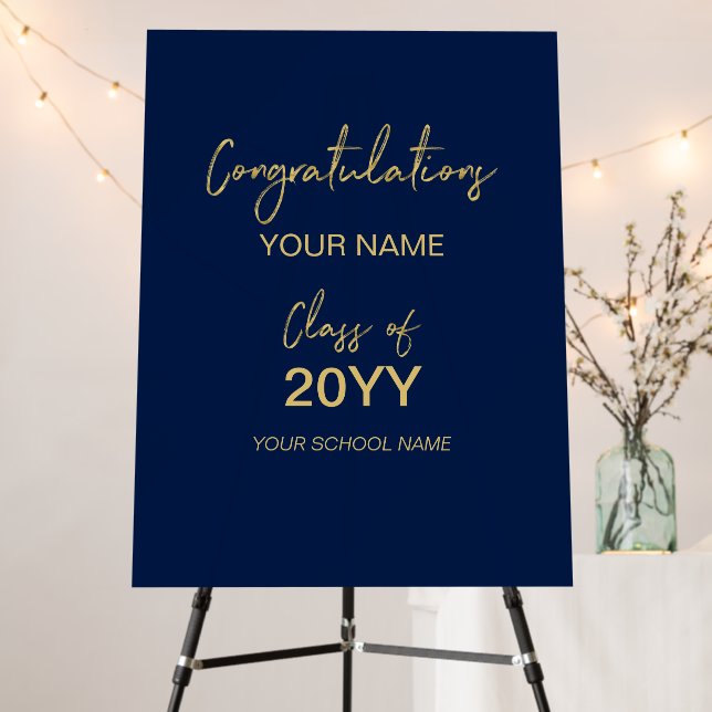 Gold & Navy Blue Modern Graduation Party Welcome Foam Board (In Situ (Stand))