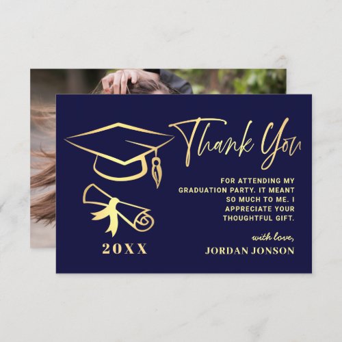 Gold Navy Blue Modern Graduation PHOTO Thank You Card