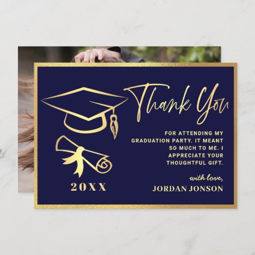 Gold Navy Blue Modern Graduation PHOTO Thank You Card - Gold Black Modern Graduation Thank You Card.
For further customization, please click the "Customize" link and use our  tool to design this template. 
If you need help or matching items, please contact me.