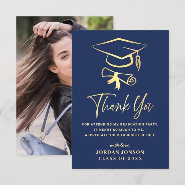 Gold Navy Blue Modern Graduation PHOTO Thank You Card (Front/Back)