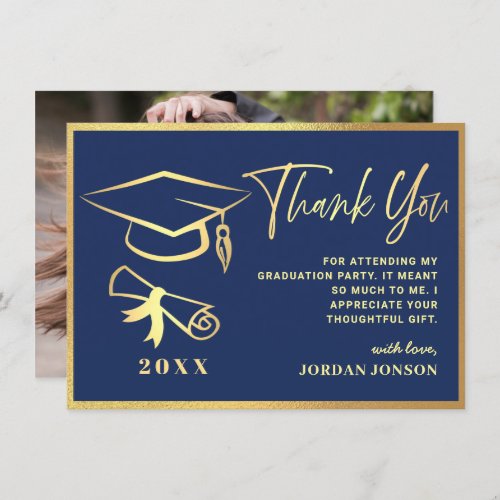 Gold Navy Blue Modern Graduation PHOTO Thank You Card - Gold Black Modern Graduation Thank You Card.
For further customization, please click the "Customize" link and use our  tool to design this template. 
If you need help or matching items, please contact me.