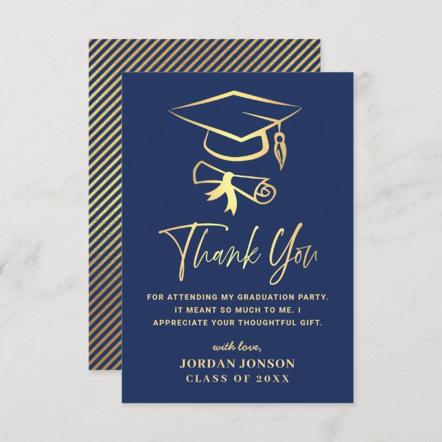 Gold Navy Blue Modern Graduation Thank You Card (Front/Back)