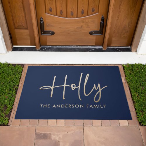 Gold navy blue modern minimal script elegant doormat