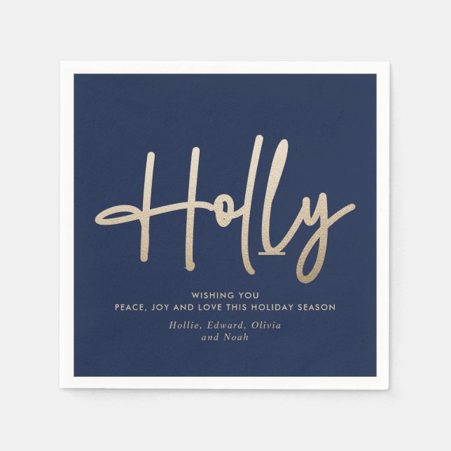 Gold navy blue modern minimal script elegant napkins (Front)