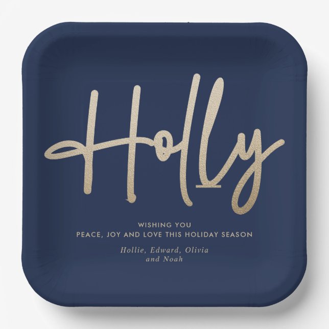 Gold navy blue modern minimal script elegant paper plates (Front)
