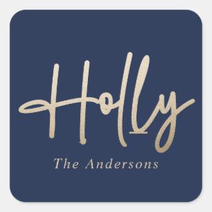 Gold navy blue modern minimal script elegant square sticker