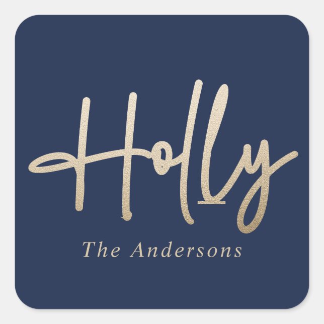 Gold navy blue modern minimal script elegant square sticker (Front)