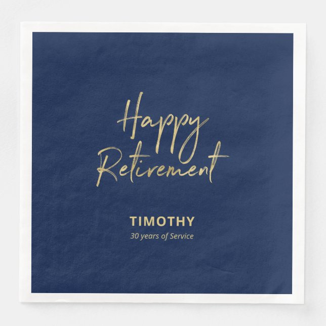 Gold & Navy Blue Modern Retirement Party Paper Dinner Napkins (Front)