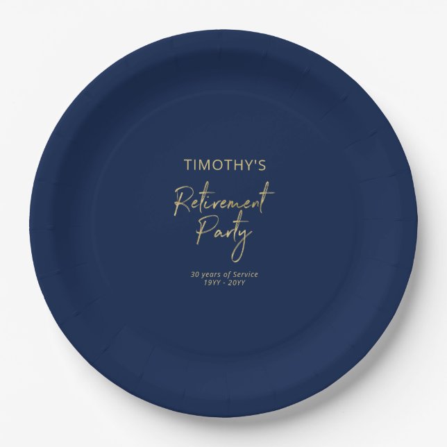 Gold & Navy Blue Modern Retirement Party Paper Plates (Front)