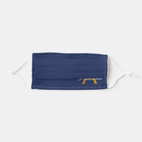 Gold Navy Blue Modern Script Girly Monogram Name Adult Cloth Face Mask