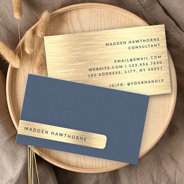 Gold Navy Blue Modern Simple Elegant Brushed Metal Business Card (Creator Uploaded)