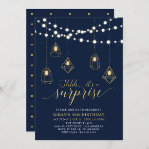 Gold & Navy Blue Modern Surprise Birthday Party Invitation