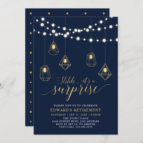 Gold  Navy Blue Modern Surprise Retirement Party Invitation