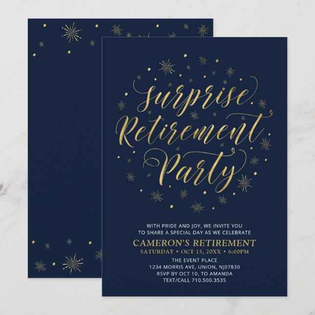 Gold & Navy Blue Modern Surprise Retirement Party Invitation (Front/Back)