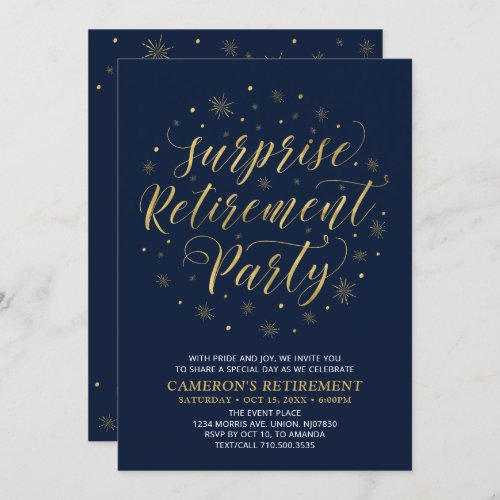 Gold  Navy Blue Modern Surprise Retirement Party Invitation