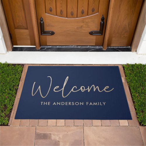 Gold navy blue modern welcome script elegant doormat