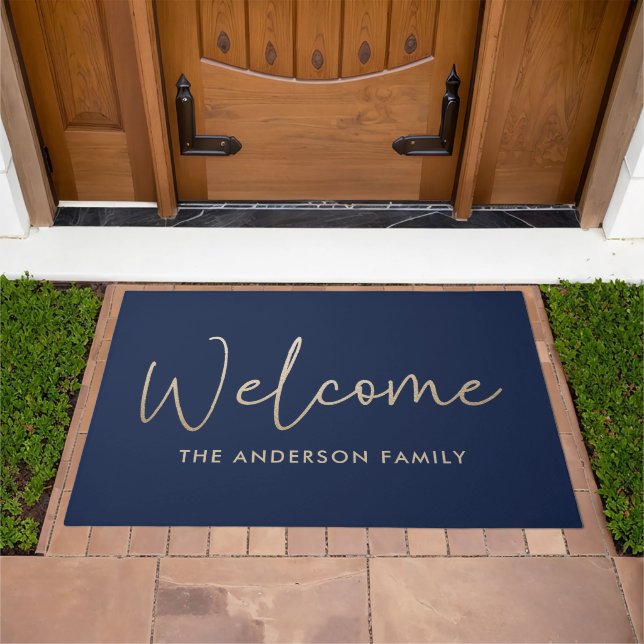 Gold navy blue modern welcome script elegant doormat (Outdoor)