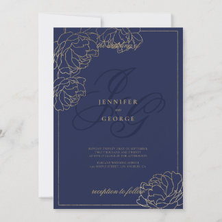 Gold navy blue monogram initals floral wedding invitation