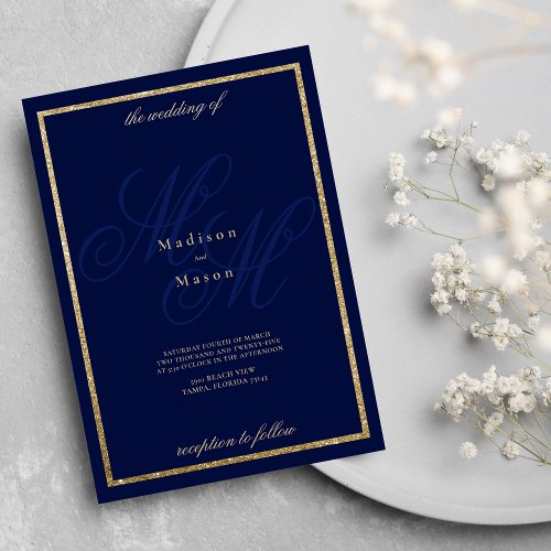 Gold navy blue monogram initials theme wedding invitation
